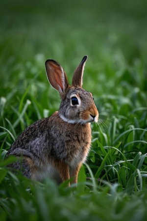 Rabbit in a field of green grass with a blurred background.の素材