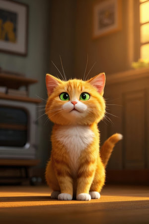 Cute red cat with green eyes sits on the floor at homeの素材