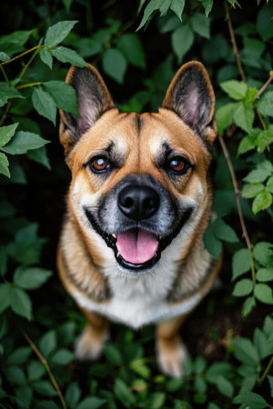 Close-up portrait of a beautiful dog on a background of green leavesの素材