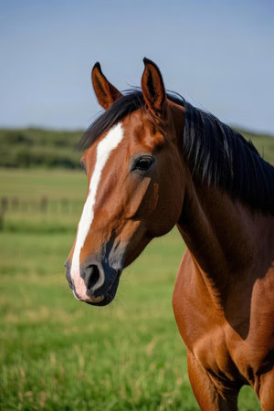 A head shot of a chestnut horse in a paddock.の素材