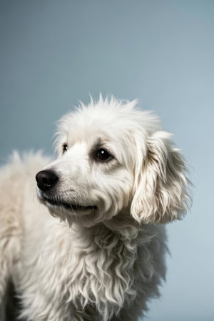 Studio portrait of a cute white dog on gray background. Studio shot.の素材