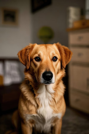 Portrait of a beautiful golden retriever dog sitting in the roomの素材