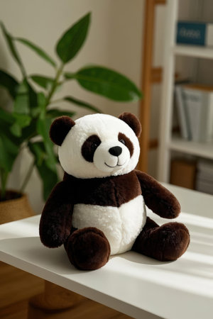 Soft toy panda sitting on a shelf in the living room.の素材