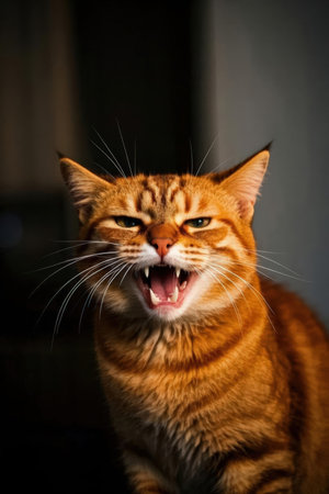 Portrait of a ginger cat with open mouth on dark background.の素材