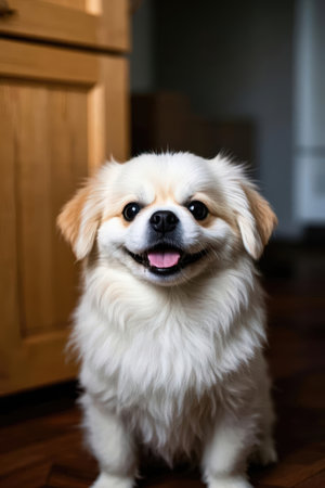 Portrait of a cute white and brown Pekingese dog.の素材
