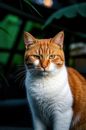 Portrait of a red cat with green eyes in the garden.の素材