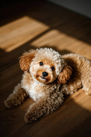 Cute Miniature Poodle lying on a wooden floor. Selective focus.の素材