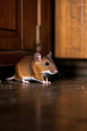 Small brown mouse in front of the door in the house. Shallow depth of field.の素材