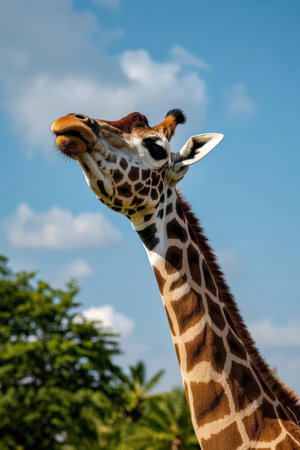 Giraffe head with blue sky and white clouds in the backgroundの素材