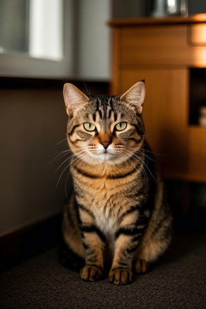 Portrait of a beautiful tabby cat sitting on the floor at homeの素材