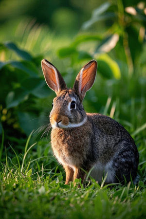 Cute little rabbit in the meadow in summertime. Animal portrait.の素材