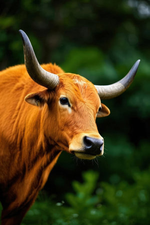 Portrait of a red cow with long horns in the forest.の素材