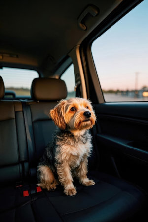 Yorkshire Terrier sitting in the back seat of a car.の素材
