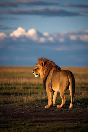 Lion walking in the savannah at sunset in Masai Mara, Kenyaの素材
