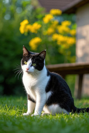 Black and white cat sitting on the grass with yellow flowers in the backgroundの素材