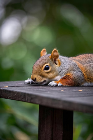 Squirrel on a wooden table in a park in Toronto, Canadaの素材
