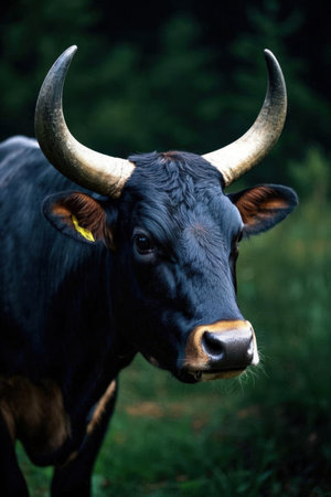 Close-up of a black cow with horns in the field.の素材