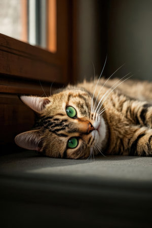 Cute cat with green eyes lying on the floor at home.の素材
