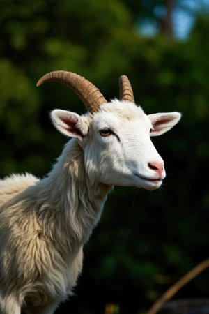 Portrait of a white goat with horns on a background of green grassの素材