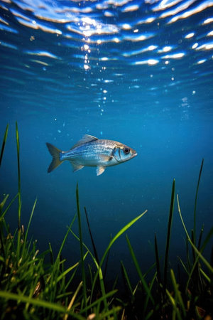Underwater view of a fish swimming in the blue waters of the oceanの素材