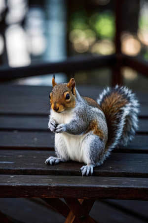 Squirrel sitting on a wooden bench in the park and eating a nutの素材