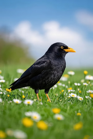 Common Blackbird, Turdus merula, single bird on grass, UKの素材