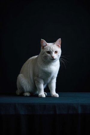Portrait of a white cat on a black background. Studio shot.の素材