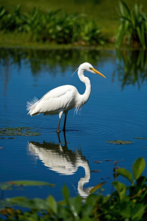 Great egret (Ardea alba) reflected in the waterの素材