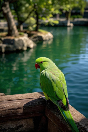 Green parrot sitting on a wooden railing in the park, close-upの素材