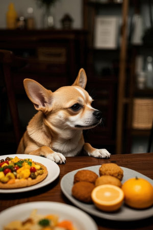 Cute Chihuahua dog on the table with food in the kitchenの素材