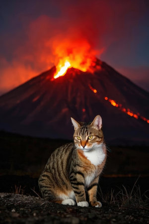 Cat on the background of a volcano. Kamchatka, Russiaの素材