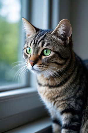 Portrait of a tabby cat with green eyes on the windowの素材