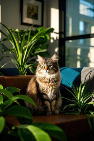 Siberian cat sitting on the sofa in the room with plantsの素材