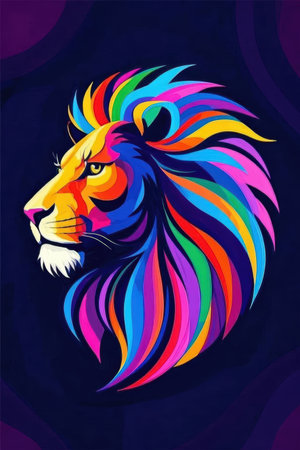 Lion head with rainbow hair on dark background. Vector illustration.の素材