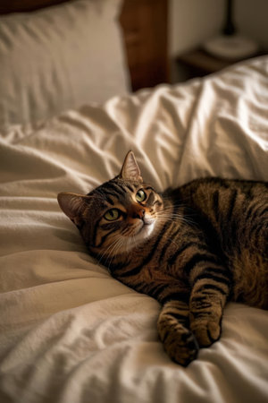 Beautiful tabby cat lying on the bed in the morning.の素材