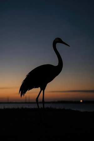 Silhouette of a sandhill crane at sunset in the Florida Evergladesの素材