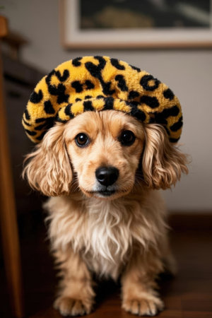 Cocker Spaniel puppy in a beret with leopard furの素材