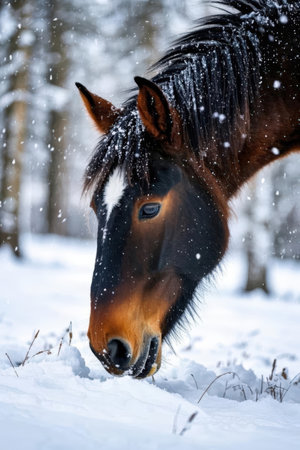 Beautiful brown horse in the winter forest. Portrait of a horse.の素材