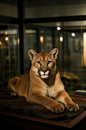 A cougar is sitting on the table and looking at the camera.の素材