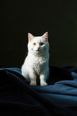 Beautiful white cat on a dark background. Portrait of a catの素材