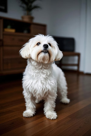 Cute Maltese dog sitting on the floor looking at the cameraの素材