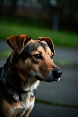 Portrait of a beautiful mixed breed dog in the park. Selective focus.の素材