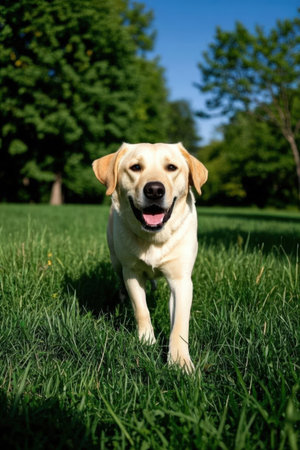 Labrador retriever dog standing on the grass in the park.の素材