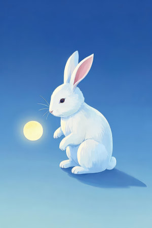 Illustration of a white rabbit sitting on a blue background with moonの素材
