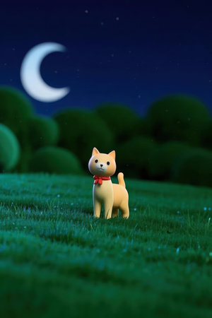 Cute cat standing on the grass with the moon in the backgroundの素材