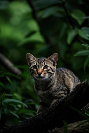 Cat sitting on a log in the shade of a tree with green backgroundの素材