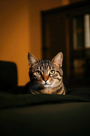 Portrait of a cute tabby cat sitting on a sofa.の素材