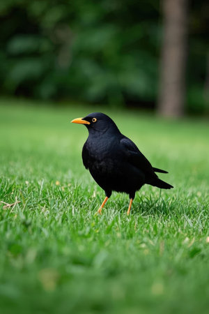 Blackbird on green grass in the park, shallow depth of fieldの素材