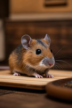 Hamster on a wooden board in the kitchen. Close-up.の素材