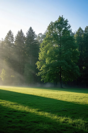 Morning fog in the park. Sun rays through the trees and grass.の素材